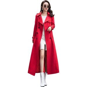 ebossy Women's Red  Full Length Double Breasted Long Trench Coat